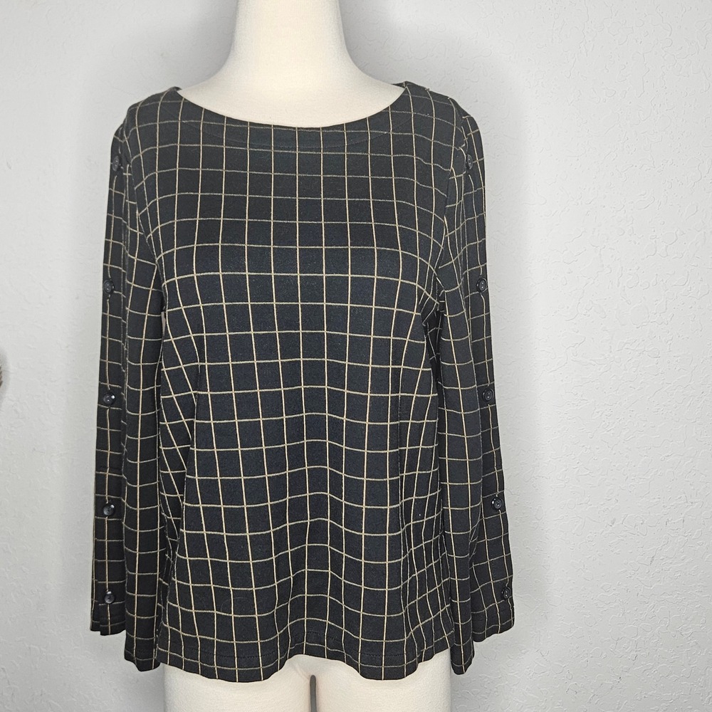 J. Jill Ponte Windowpane Top Black Tan Button‎ Sleeve Boat Neck Womens Medium P